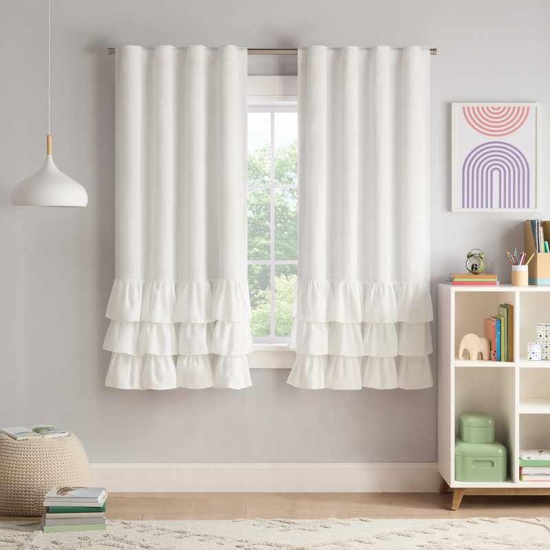 Eclipse Blackout Curtains, Tiered Ruffle Kids Curtains, 63 in x 40 in, Thermaback 100% Blackout Curtains with Rod Pocket Header, Curtains for Kids Room or Playroom, 1 Window Curtain, White
