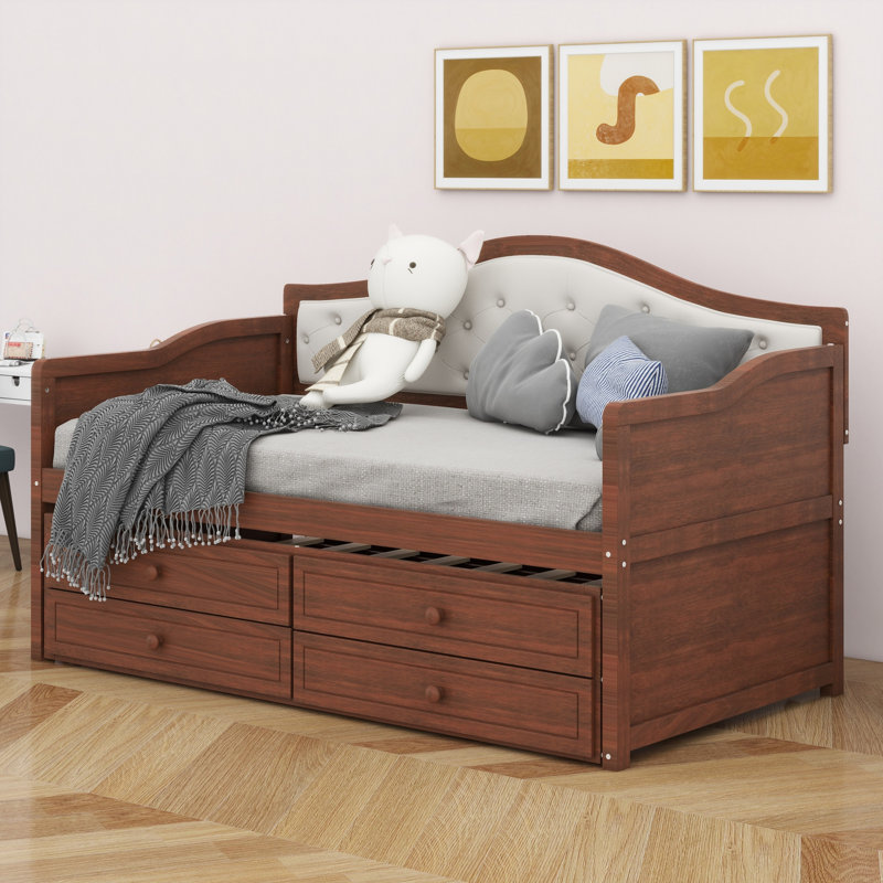 Modern Wooden Daybed with Trundle, Storage Drawers & Upholstered Button Tufted Backrest, Walnut