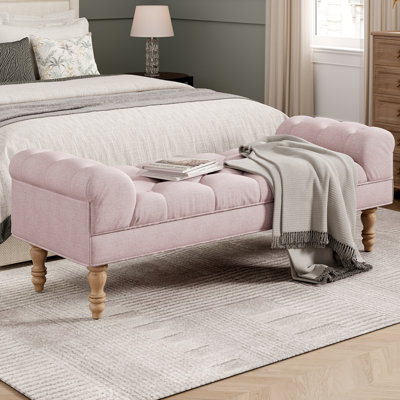 Banc de chambre rose à boutons, repose-pieds rembourré avec accoudoirs roulés et siège de siège confortable, pieds de banc