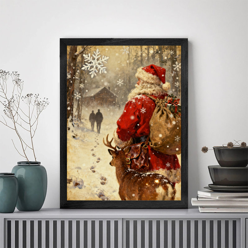 Père Noël rétro noir encadré avec art mural de style rétro, H 17 po x l 13 po