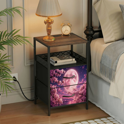 Table de chevet 2 tiroirs avec station de charge, table de chevet pour chambre avec ports USB et amp; Table de chevet noire Outlet, avec cerisiers en fleurs roses