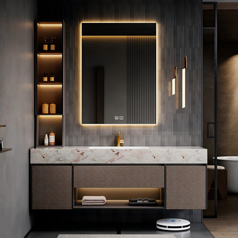 Meuble-lavabo de salle de bain mural 51,18 po en fritté brun avec miroir intelligent et armoire d'appoint, L 51 po