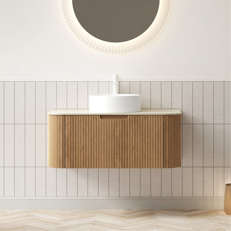 Meuble-lavabo 36 po, meuble-lavabo rayé à bord arrondi en contreplaqué avec tiroir, vasque en céramique ronde blanche et plateau en pierre frittée à motif de travertin, grain de bois naturel pré-assemblé