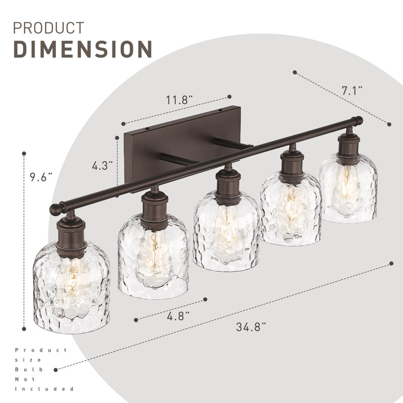 Éclairage pour salle de bain à 5 lumières à intensité variable, abat-jour en verre martelé, finition bronze huilé