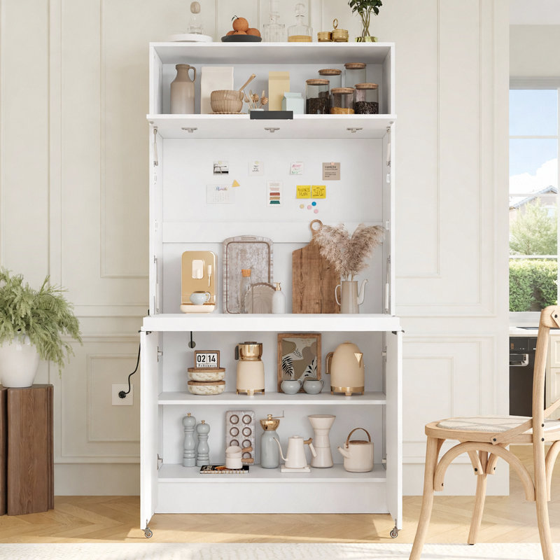 Garde-manger compact, buffet de 69 po de hauteur avec huche et poste de travail pliable, armoire de rangement multifonctionnelle avec tablette réglable et prise de courant pour la salle à manger, le salon, blanc