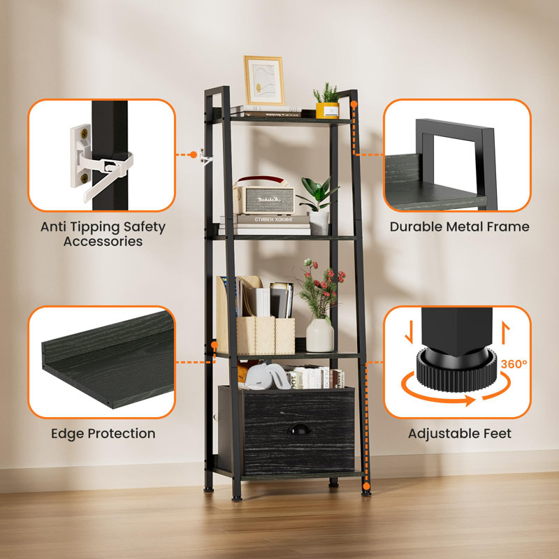 Black 4-Tier Ladder Bookshelf with Removable Drawer