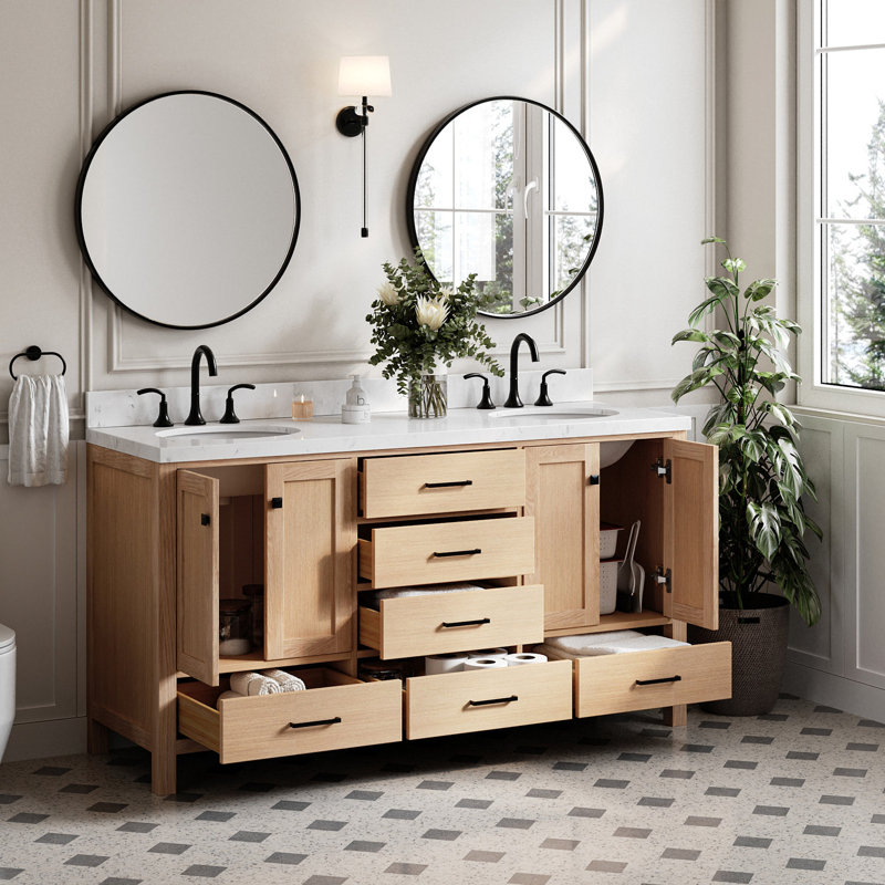 Cambridge 66.25'' Double Bathroom Vanity with Carrara Quartz Top, Oak / Matte Black