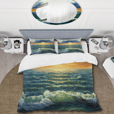 Coucher de soleil sur l'océan bleu I - ensemble de housse de couette nautique et côtier - polyester microfibre