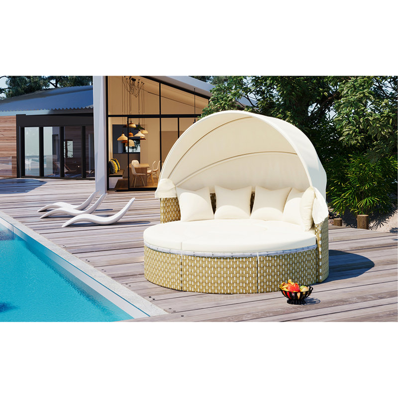 Lit de jour modulaire rond en PE avec repose-pieds d'extérieur amovible toutes saisons, auvent rétractable beige, table réglable, base stable