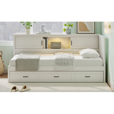 L-Shaped Wooden Daybed Frame with Built-In Bookcase & Side Storage Cabinet, Corner Captain Bed Frame for Small Bedrooms Studio Rooms