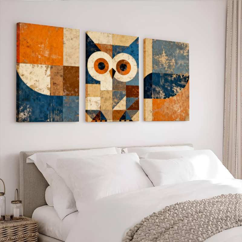 Tableau abstrait géométrique hibou sur toile tendue (lot de 3), H 18 po x l 36 po