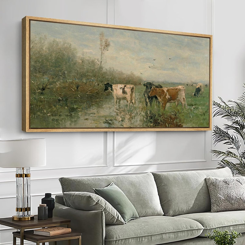 Scène pastorale avec des vaches au bord du ruisseau, art moderne, H 30 po x l 60 po, Natural