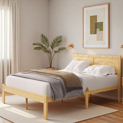 Structure de lit double en bambou naturel de 14 pouces, lit plateforme robuste de style moderne de ton chaud avec tête de lit inclinée ergonomique à 98 °, sans grincement, aucun sommier tapissier requis