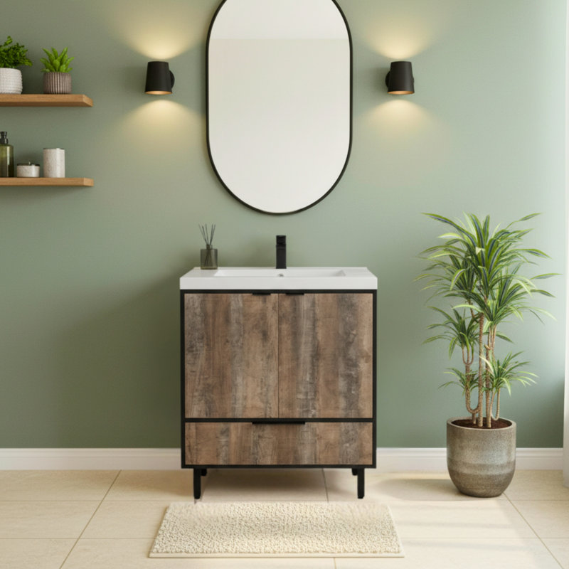 Meuble-lavabo autoportant à simple cuve en whisky / noir avec plateau en marbre de culture l 36 po x P 21 po x H 35 po London