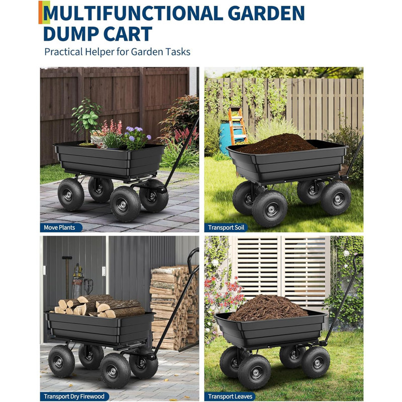 Chariot de jardinage robuste avec capacité de 600 lb, chariot utilitaire tout-terrain avec poignée réglable et benne à dégagement rapide en poly pour la cour, le sol, les plantes et les outils