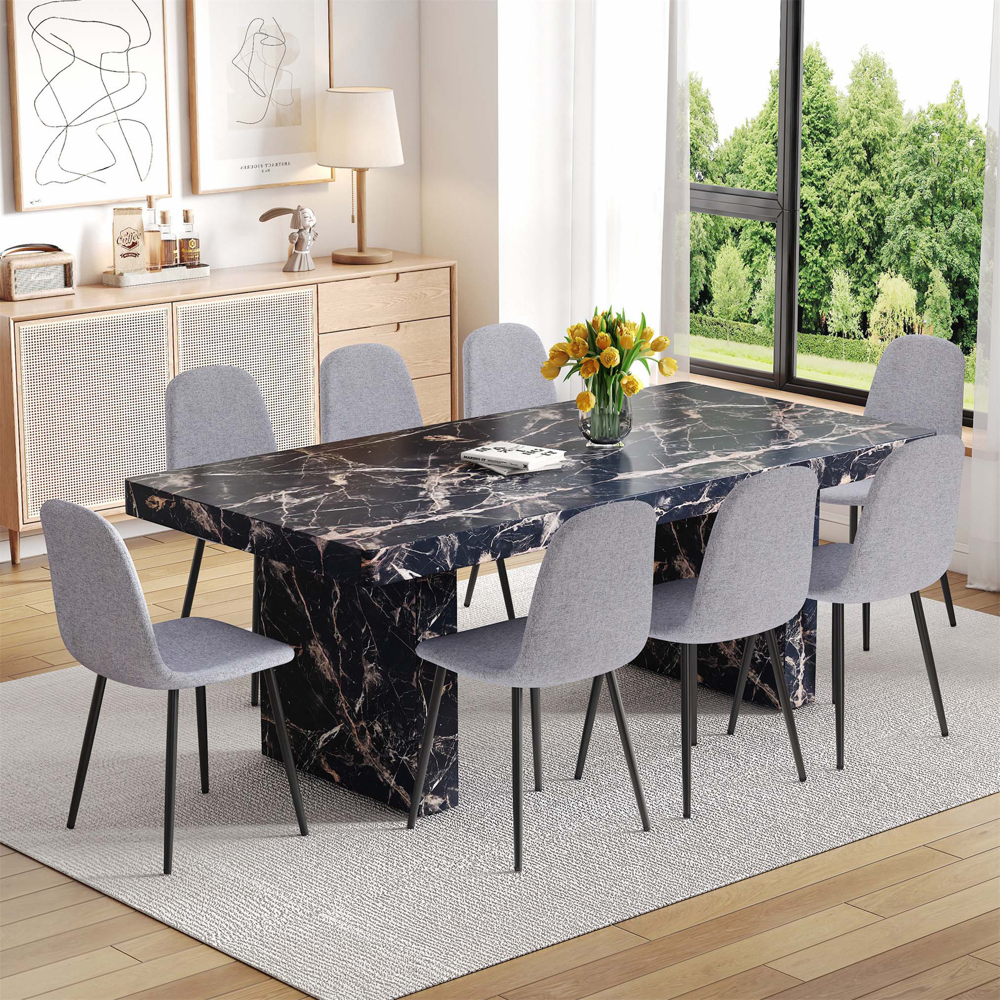 Picture of Red Barrel Studio® Luxurious Black Marble Pattern Dining Table Set with ...