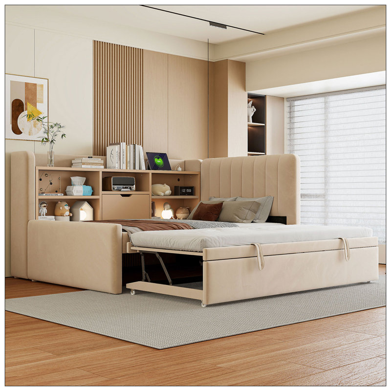 Lit de jour rembourré avec lit gigogne, tablettes de rangement, port USB et prise de courant pour la chambre à coucher, Beige