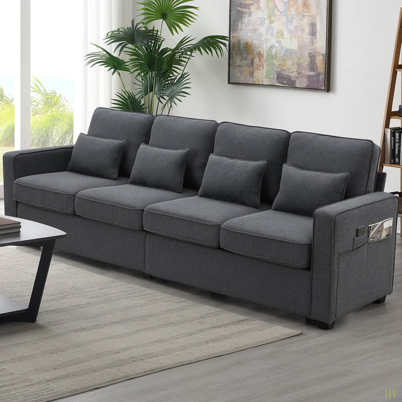 Canapé 104 po 4 places en tissu de lin moderne 104 po avec accoudoirs et 4 coussins, canapé de style minimaliste pour salon, appartement, bureau
