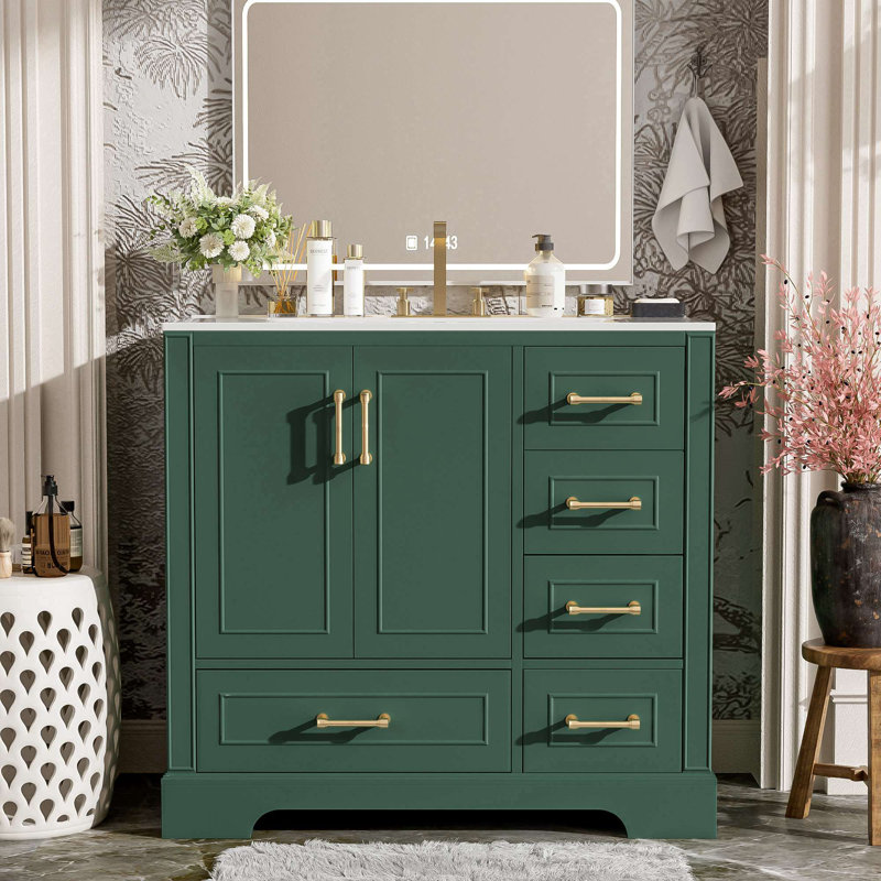 Meuble-lavabo sur pied 36 po avec lavabo en céramique, Noir, Argent argent