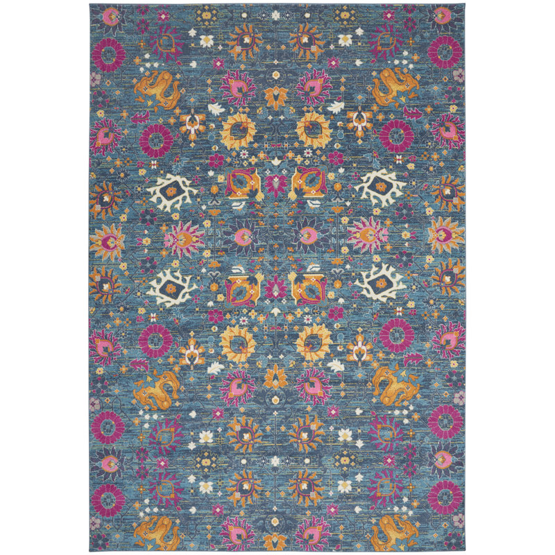 Tapis floral bleu / rose en polypropylène tissé à la machine, Rectangle 12 pi x 18 pi