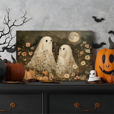Tableau sur toile encadré (1 pièce), motif fantôme mignon et lune dans un jardin, idéal pour Halloween. Parfait pour le salon, la chambre à coucher, le bureau, la salle de bain, une chambre d'étudiant ou toute autre pièce. Prêt à accrocher.