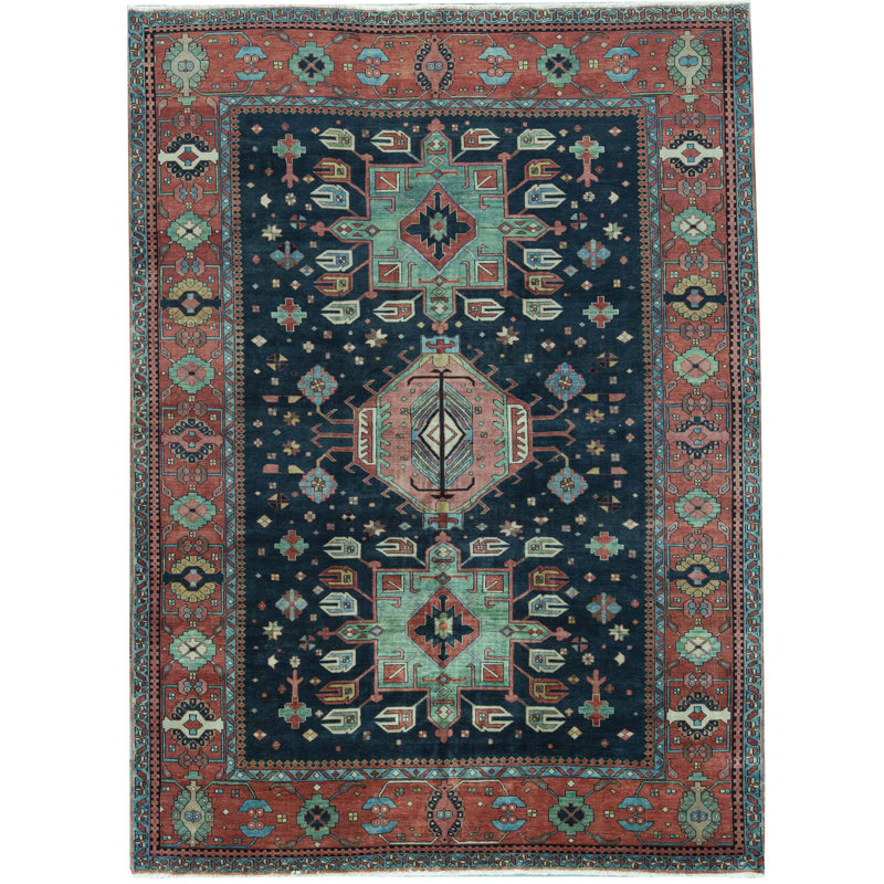 Tapis bleu et rouge noué à la main de haute qualité