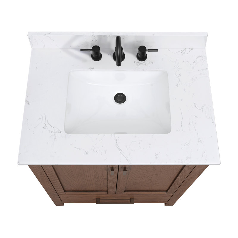 Modero 30" Single Bathroom Vanity with Top, Cala White Marble, Mocha Oak, Black