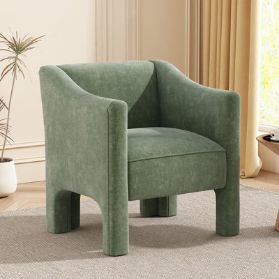 Chaise d'appoint moderne en tonneau avec accoudoirs fermés et revêtement en chenille pour le salon ou la chambre à coucher.