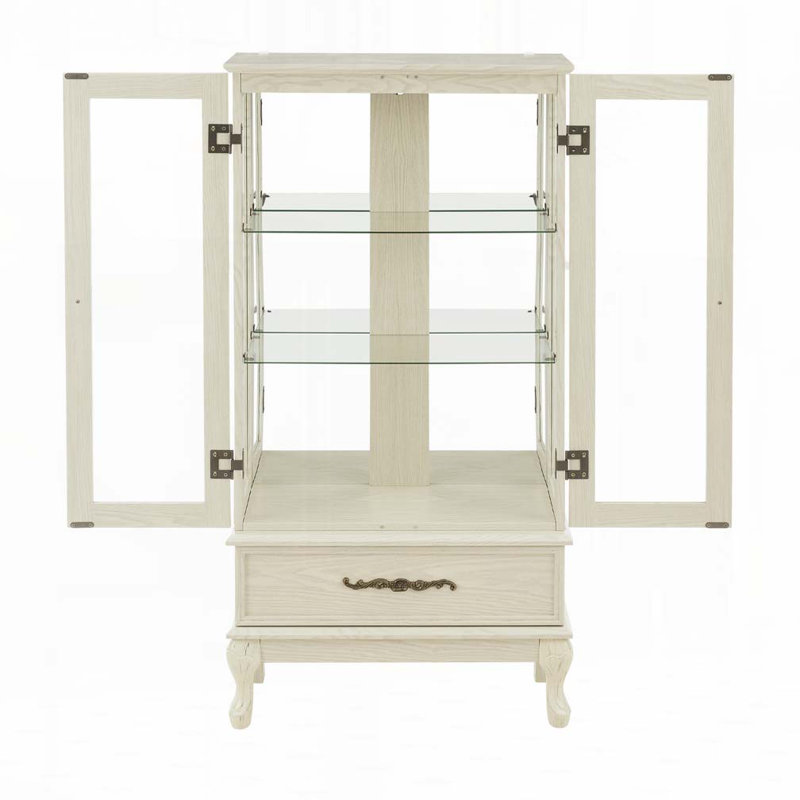 Armoire vitrine vitrée avec tablettes réglables en verre 2 portes et 1 tiroir, Blanc antique