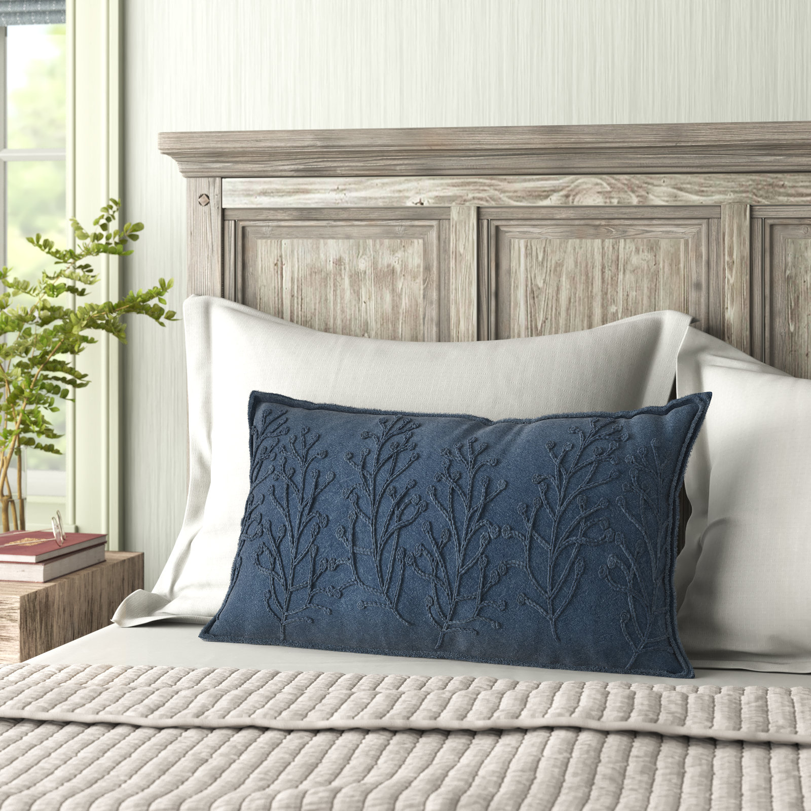 Hollin Embroidered Cotton Lumbar Throw Pillow, Navy