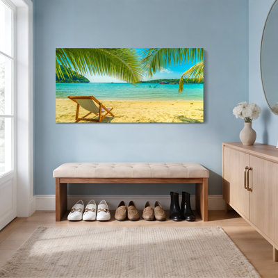 Tropical Beach Scene With Palm Trees And Lounge Chair Canvas Wrapped Wall Art Oil Painting Print Set Of 1