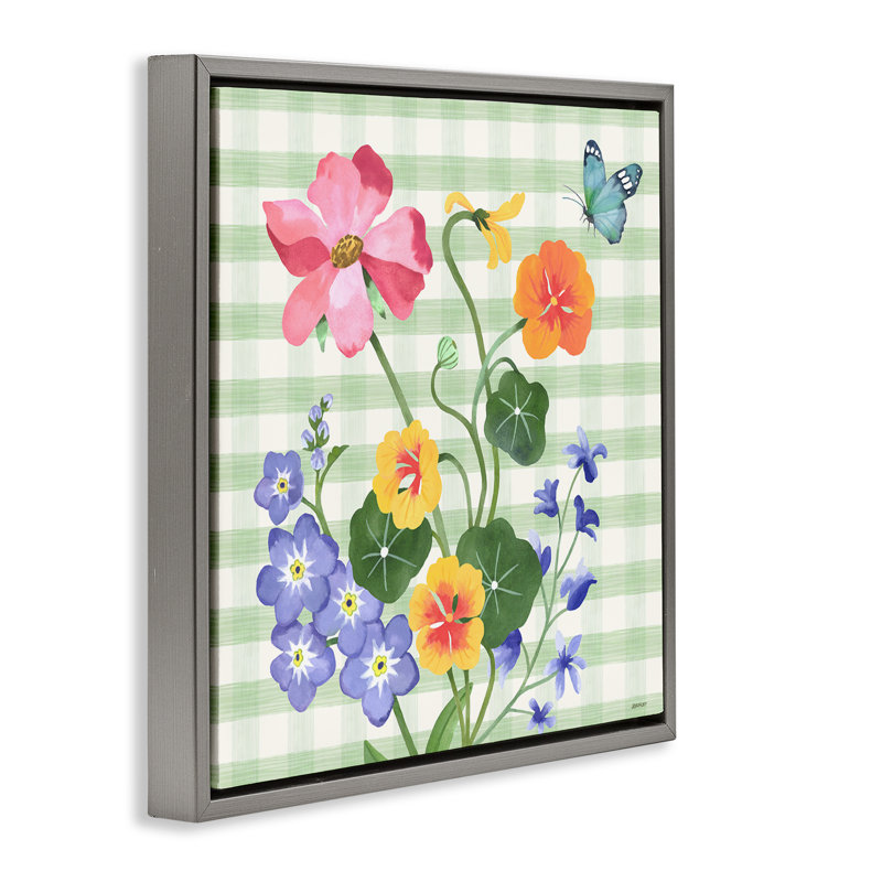 "Gingham Garden Flowers", encadrée par Floater, Cadre flottant gris lustré, H 25 po x l 25 po