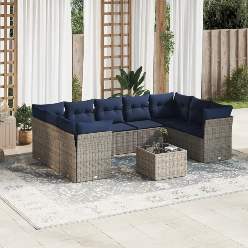 Ensemble de canapé de patio 10 pièces avec coussins en rotin de polyester, Marine, Gris