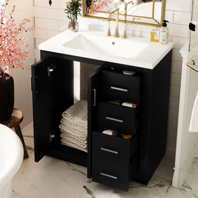 Meuble-lavabo de 30 po, structure en bois massif, planches, glissière de tiroir lisse, poignée en métal exquis, style rétro, 3 tiroirs, finition aquarelle