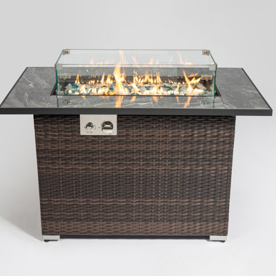 44inch Propane Fire Pit Table, Ceramic Tabletop, 50000btu Heat, Rectangular , Lid, Rain Cover, Luminous Glass Rocks, Color Outdoor With Propane, 50000btu, Gleaming