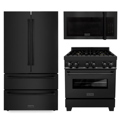 Black Studio Kitchen Package with Stainless Steel Refrigeration, 30" Dual Fuel Range and 30" Traditional Over the Range Microwave