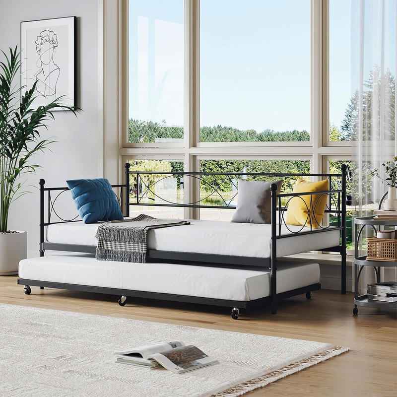 Metal Twin Daybed with Trundle, Steel Frame Space-Saving Sofa Bed for Bedroom, Guest Room, or Office, Black