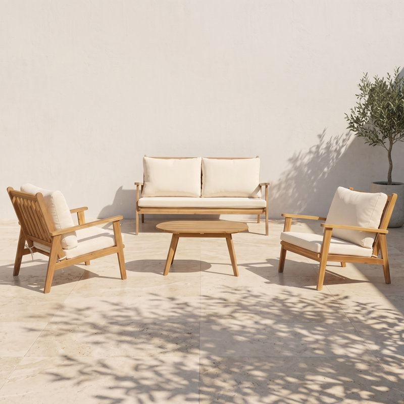 Ensemble de conversation de patio en bois d'acacia 4 pièces avec coussins pour la cour arrière