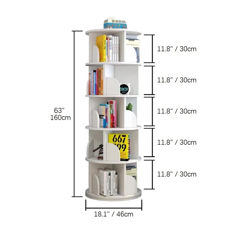 Organisateur de bibliothèque 360 °, (5 tablettes) H 63 po x l 18,1 po x P 18,1 po, Blanc
