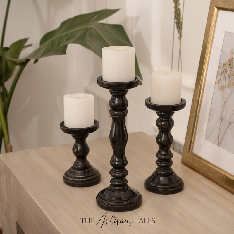 12'' Handcrafted Mango Wood Pillar Candle Holder Set – Rustic 3-Piece Set for LED Candles, Black