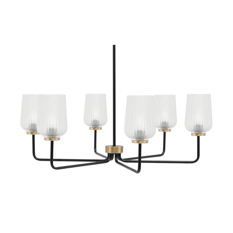 Lustre 6 lumières Amarmula, noir mat et laiton vieilli, verre texturé transparent 5 po, Clair, Noir/laiton