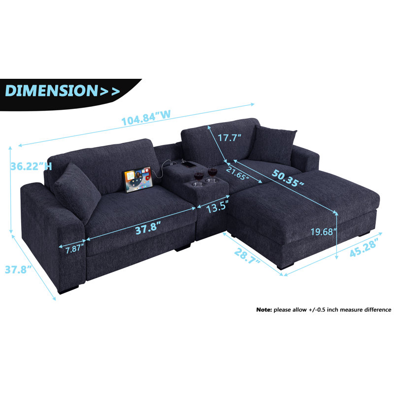 Canapé rembourré avec causeuse avec repose-pieds réversible et console multifonctionnelle, Bleu très foncé