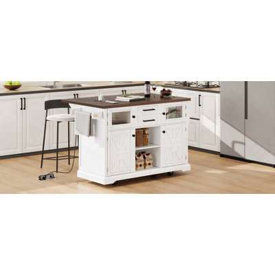 54.9" Kitchen Island With Drop Leaf, Power Outlet, Kitchen Storage Cart With 4 Door Shelves, Cross Barn Doors & Visual Glass Door, Rolling Kitchen Island On 4 Wheels For Kitchen, Dining Room,White