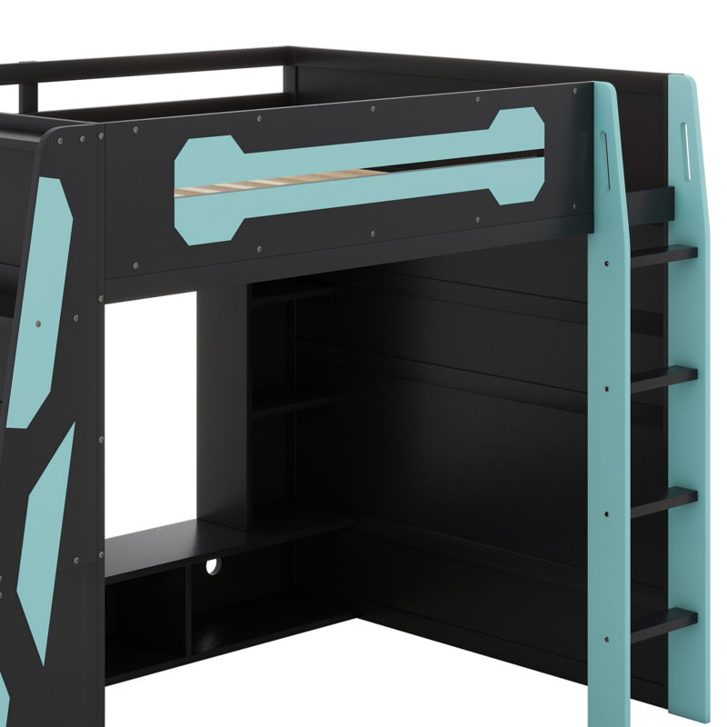 Lit mezzanine en bois avec bureau, tablettes multiples et lumière RVB, Bleu nuage / noir