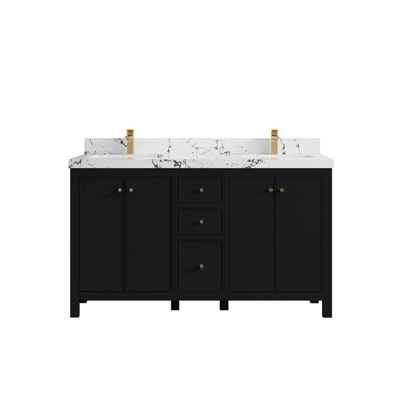 Meuble-lavabo double 60 po avec plateau en quartz Bronya