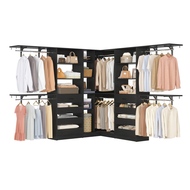 95-132Inches Closet System With Drawers And Corner Closet, Black
