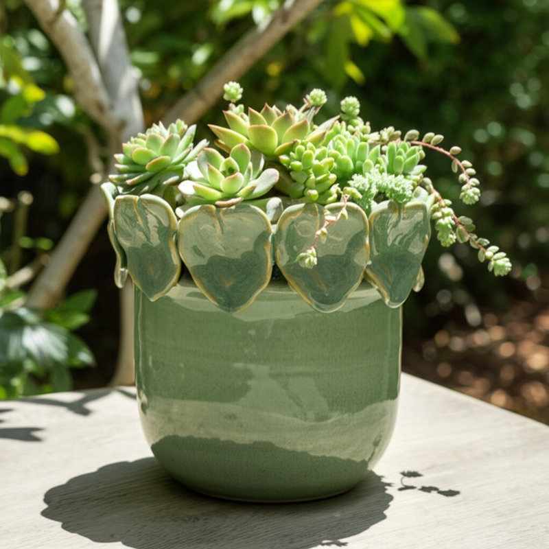 Modern Leaf Accent Round Ceramic Outdoor Planter for Home Decor - Applique Indoor Flower Pots for Living Room and Patio Styling - Green