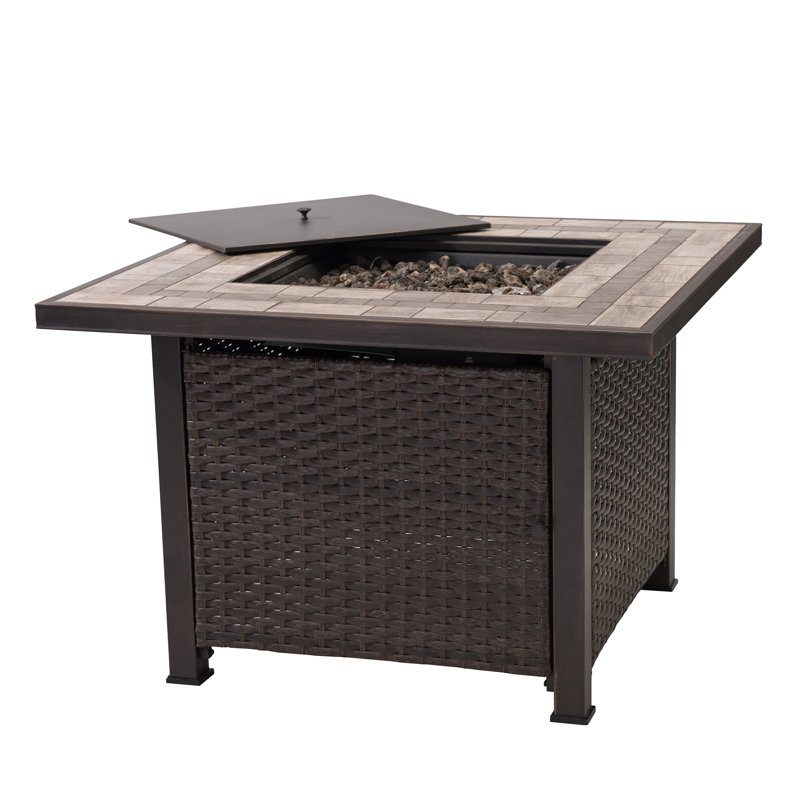 Sunjoy 38 inch Propane Fire Pit Table, Outdoor Patio Brown Square All-weather Wicker Ceramic Tile Top Gas Burning Fire Pit Table with Lid and Lava Rocks