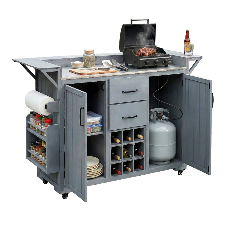  60.2'' Rustic Outdoor Kitchen Island With Wheels, Solid Fir Wood & Stainless Steel Top, Gray
