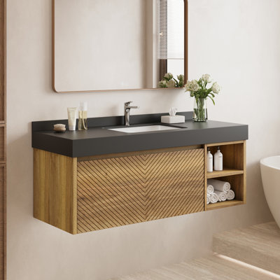 48" Floating Bathroon Vanity with Black Sintered Stone Top, Retro Wood Cabinet, V-Shaped Herringbone Door, Open Shelves & Backsplash